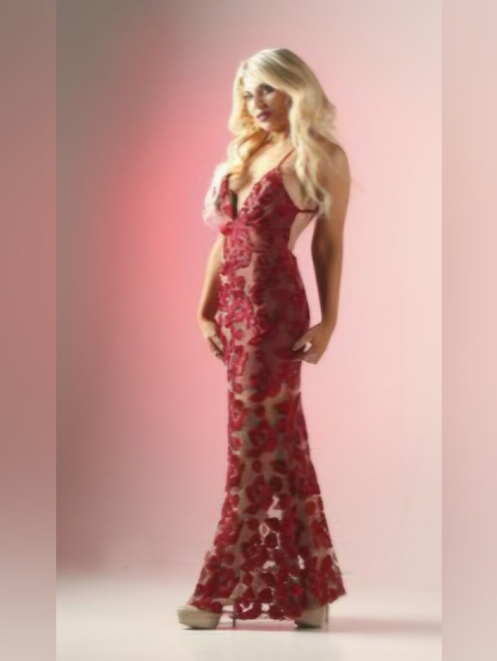 Starlette Red Velvet Floral Sheer Mesh Maxi Dress - Open Criss-Cross Back (Size - Picture 5 of 12